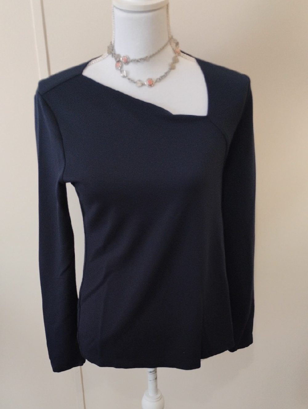 CAbi Navy Asymmetric Neck Long Sleeve Top